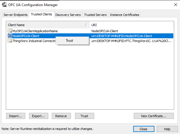 OPC UA Configuration Manager, Trusted Clients Tab: